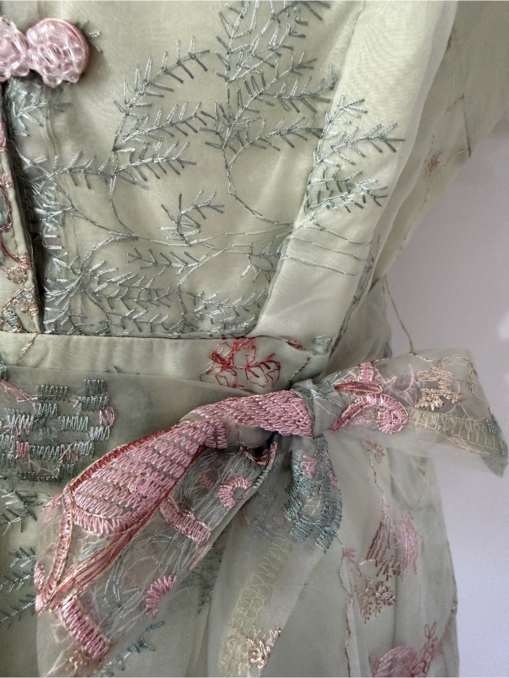 Embroidered Tie-Waist Midi Dress in Sage Green - Picture 4 of 16